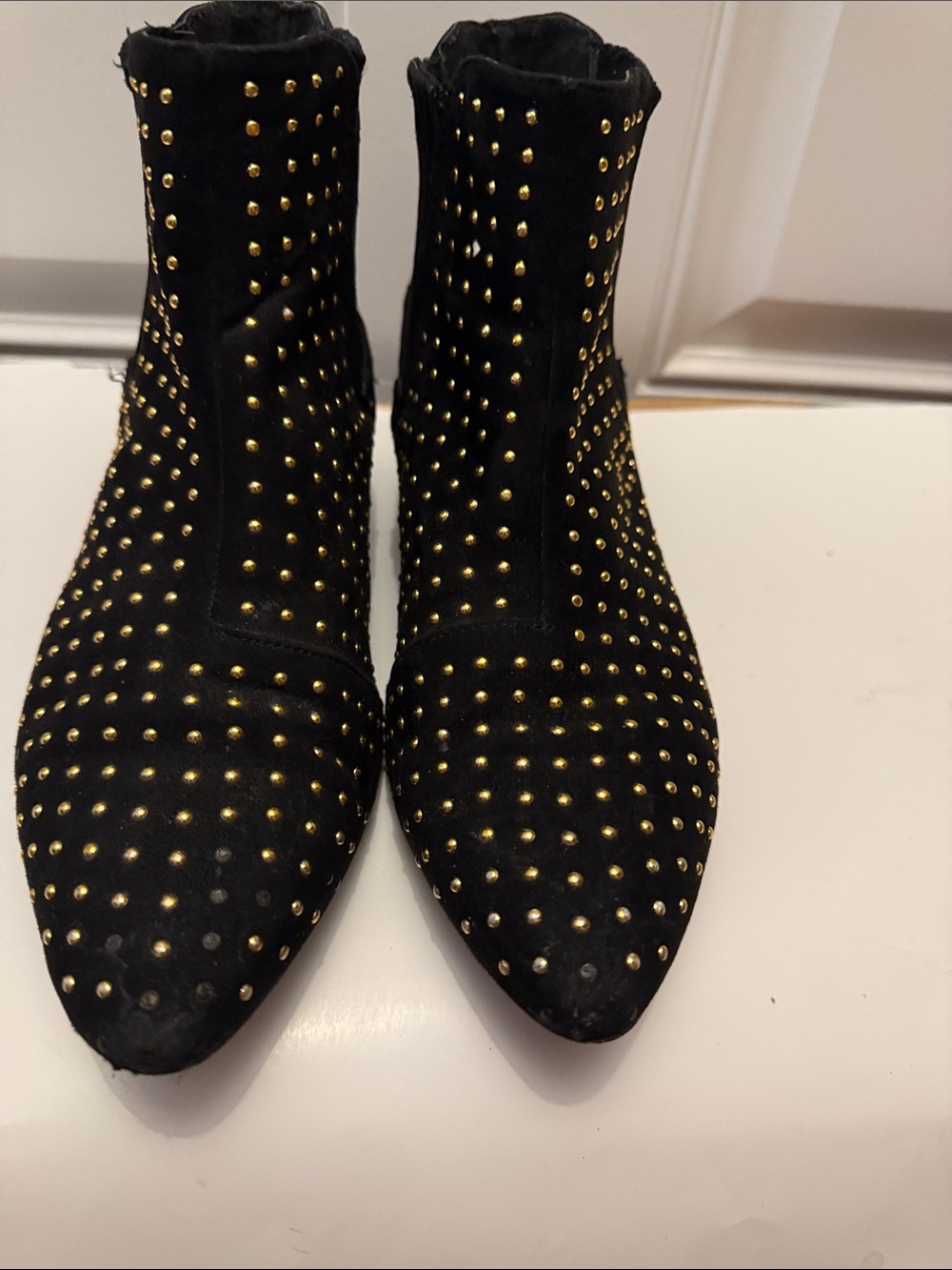 Shoe Dazzle Black Suede Ankle Boots with Gold Studs